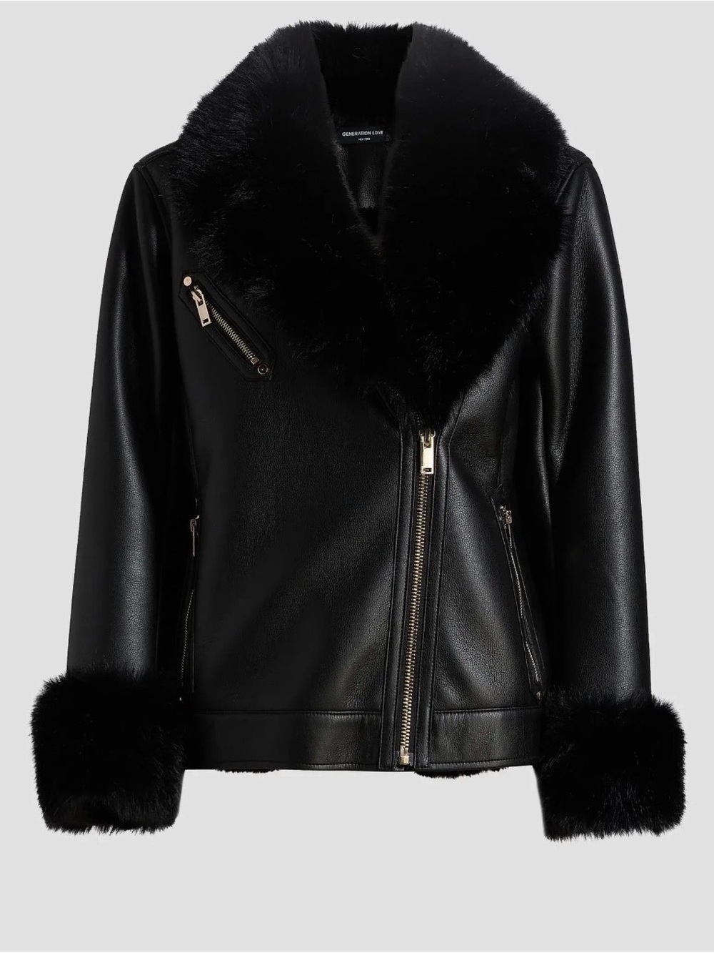 Generation Love Black Faux Leather Jacket with Fur Collar & Cuffs